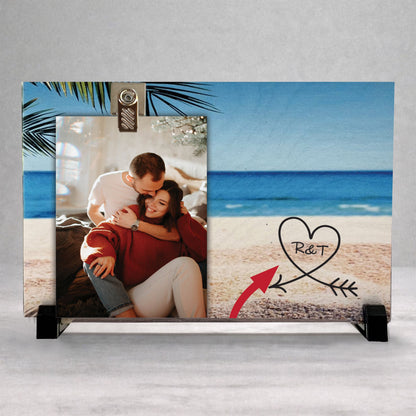 Personalized Wood Frame - Valentines Day Gift With Initials - Beach Background