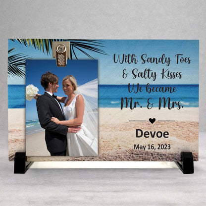 Beach Wedding Frame - Personalized Wooden Photo Frame With Clip | Sandy Toes & Salty Kisses