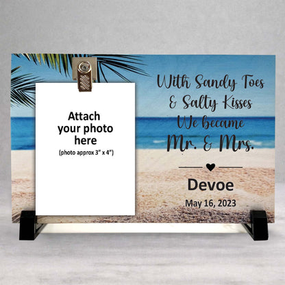 Beach Wedding Frame - Personalized Wooden Photo Frame With Clip | Sandy Toes & Salty Kisses