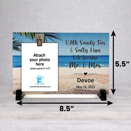 Beach Wedding Frame - Personalized Wooden Photo Frame With Clip | Sandy Toes & Salty Kisses