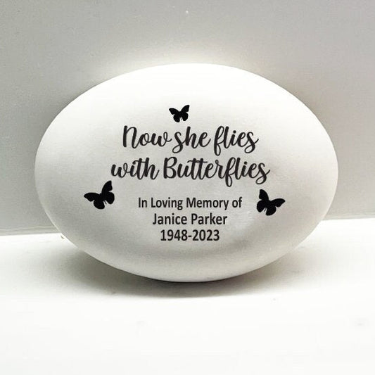 Memorial Stone - Now she flies with Butterflies - Sympathy Gift Bereavement Gift Funeral Gift - Condolence Gift - Custom Memorial Gift - MemorialGiftsandmore - Memorial Stones - People