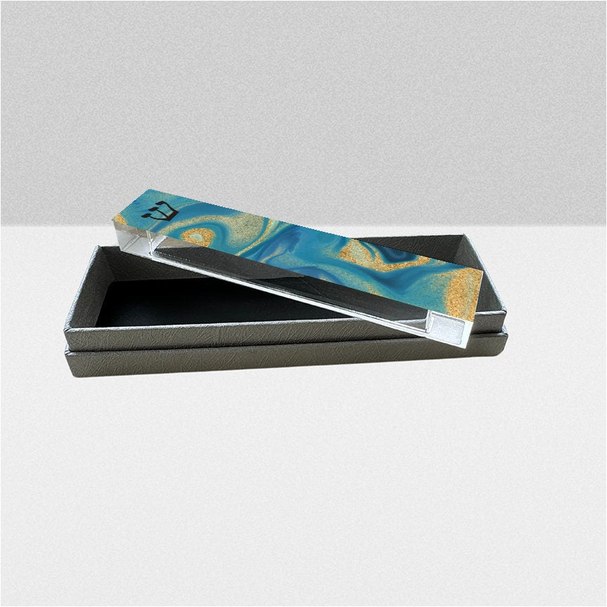 Mezuzah - with or without name - Acrylic Mezuzah - Modern Mezuzah - Personalized Judaica Gift - Shades of Turquoise and Gold