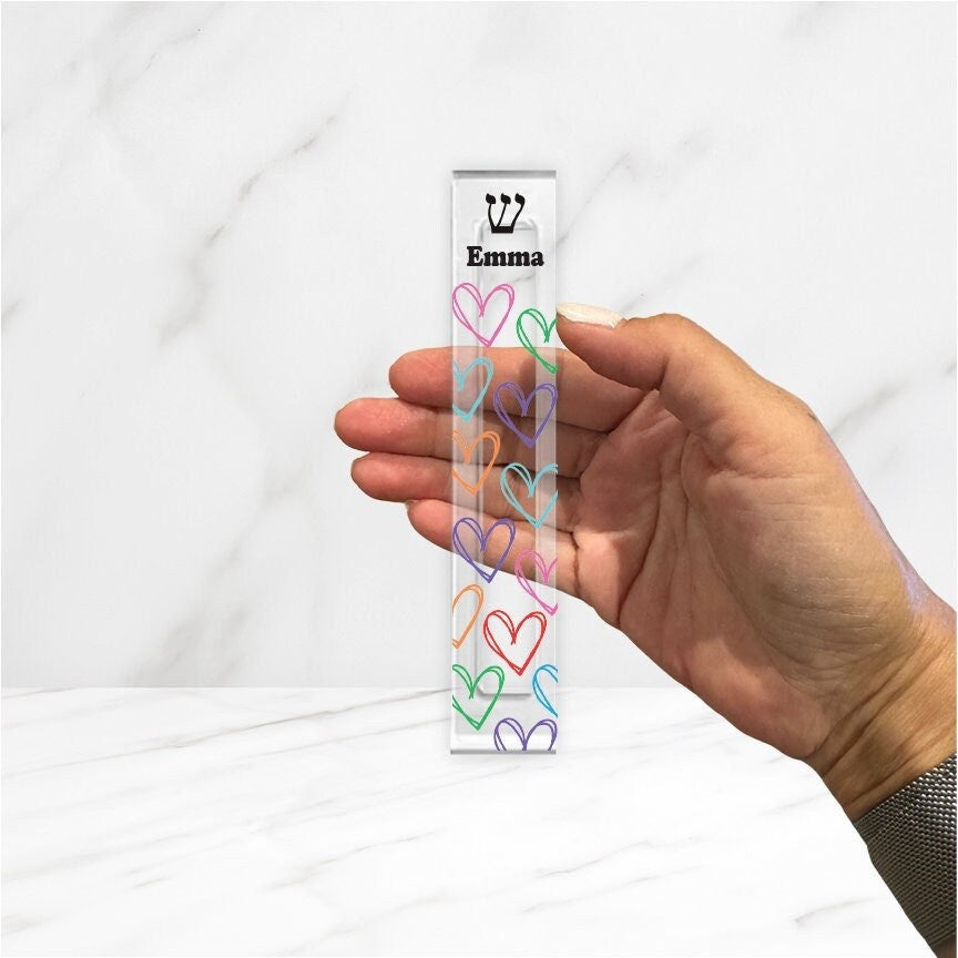 Mezuzah - Personalized Heart Mezuzah - With or without name - Colorful Heart Outlines - Acrylic Mezuzah - Kids Mezuzah - New Baby Girl Gift