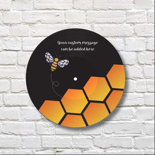Bee Vinyl Record Art, 12" Real Vinyl Record Printed with Bee, Hive and your custom message, retro wall art, upcycled vinyl record art