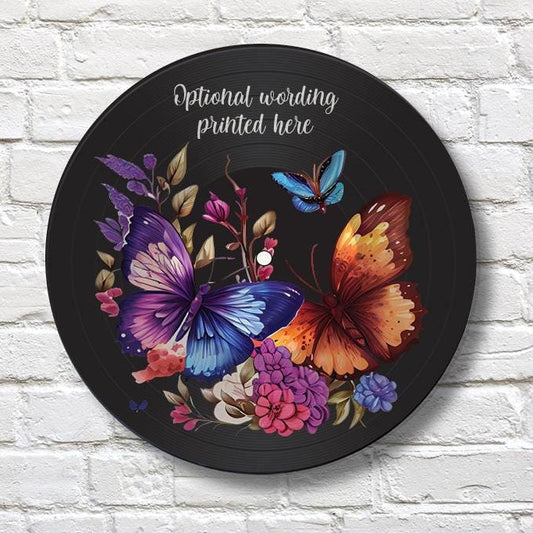 Vinyl Record Art with Butterflies and Flowers, 12" Real Vinyl Record Printed with Butterfly Design & optional message, upcycled vinyl record