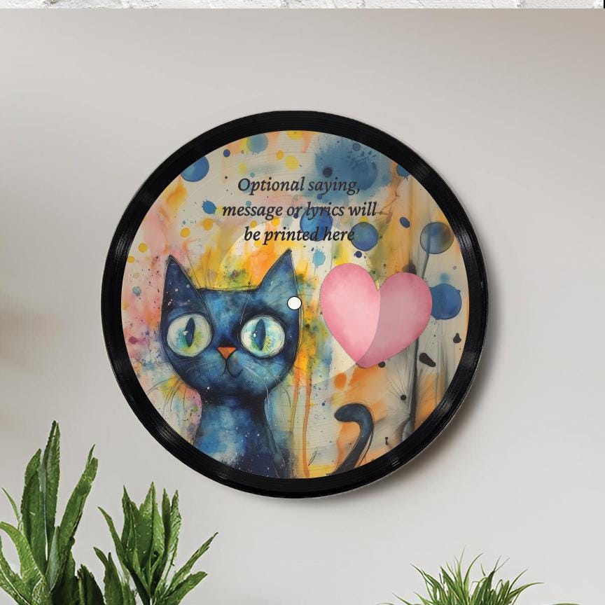 Cat Theme 12" Vinyl Record Art, Real Vinyl Record Printed with Funny Cat Design, optional custom message, upcycled record, Cat Lover Gift