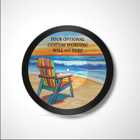 Beach Scene 12" Vinyl Record Art, Real Vinyl Record Printed with Beach Chair and Ocean Image & optional custom message, upcycled record art