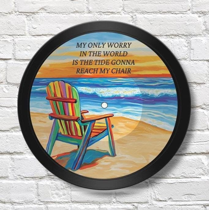 Beach Scene 12" Vinyl Record Art, Real Vinyl Record Printed with Beach Chair and Ocean Image & optional custom message, upcycled record art