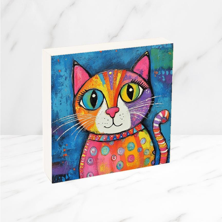 Cat Art, Cat Print on Wood Panel, Wooden Canvas with Whimsical Custom cat design, Fun Cat Art, Cat Lover Gift, Choice of size
