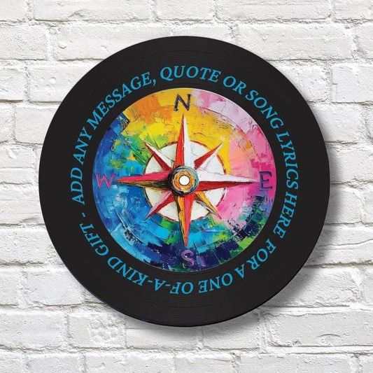 Compass Vinyl Record Art, 12" Real Vinyl Record Printed with Colorful Compass and your optional custom wording, upcycled record art