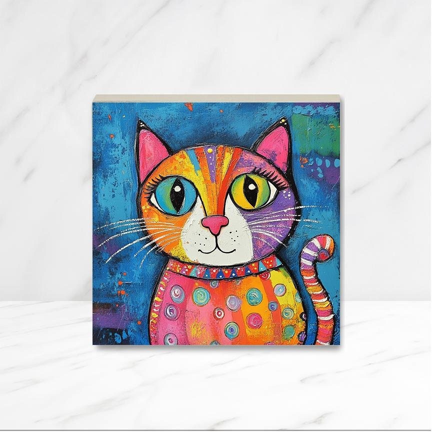 Cat Art, Cat Print on Wood Panel, Wooden Canvas with Whimsical Custom cat design, Fun Cat Art, Cat Lover Gift, Choice of size