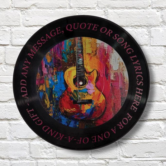 Guitar Vinyl Record Art, 12" Real Vinyl Record Printed with Guitar art and your optional custom message, upcycled vinyl record art