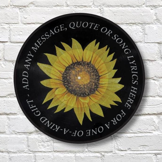 Sunflower Vinyl Record Art, 12" Real Vinyl Record Printed with Sunflower and your custom message, retro wall art, upcycled vinyl record art