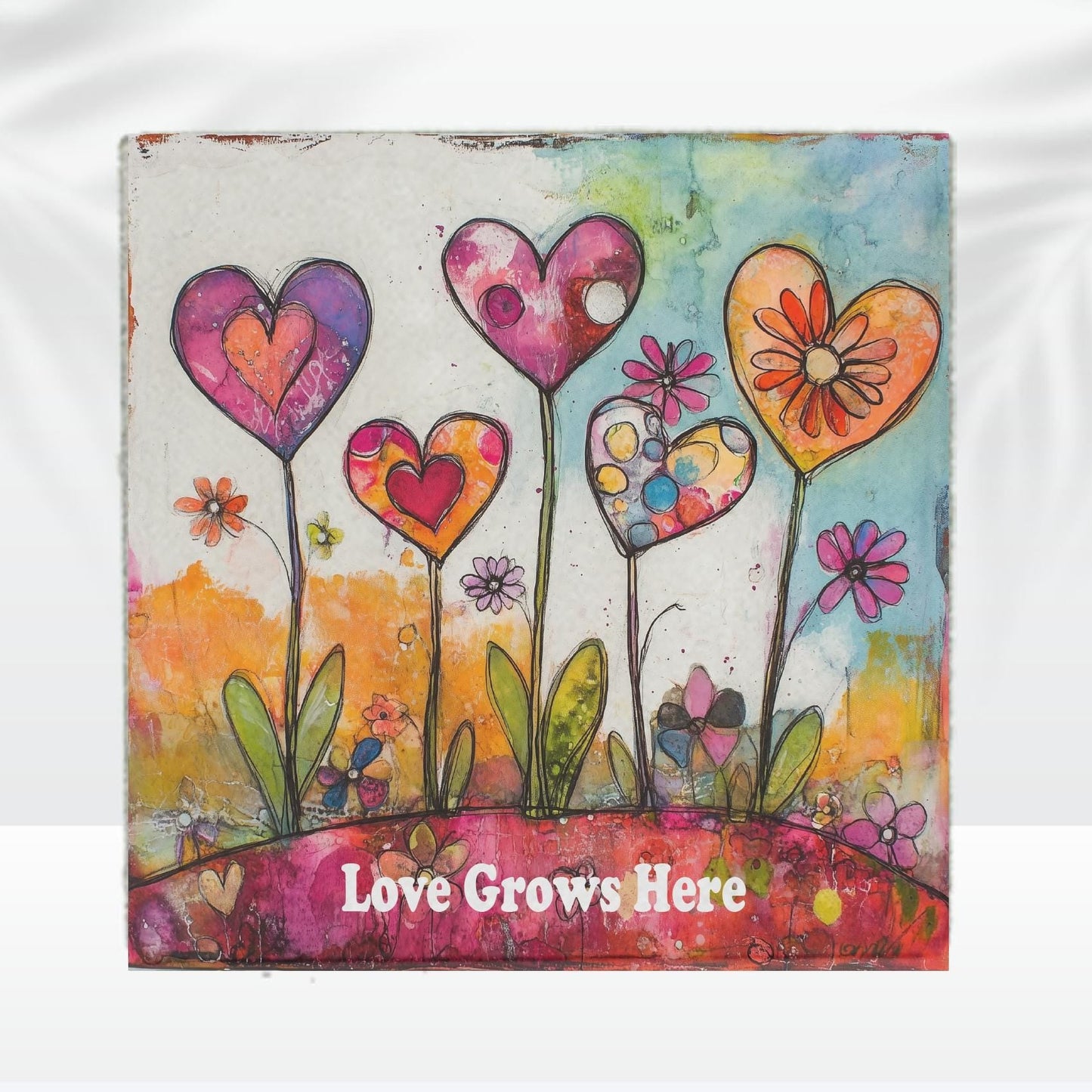 Custom Garden Stone with Personalized Message and heart flowers, 12x12 Steppingstone, House Gift, Garden Decoration, Whimsical Heart Flowers