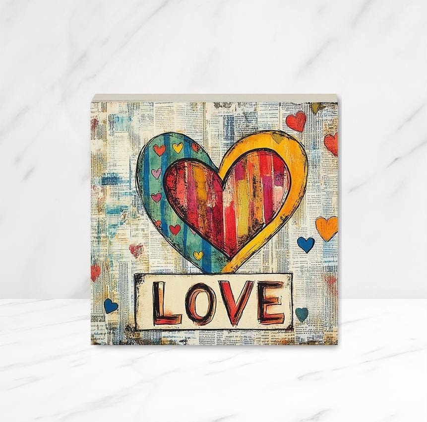 Love Art, Heart with Love Print on Wood Panel, Wooden Canvas with Whimsical Heart design, Wood Heart Print, Love, Choice of size