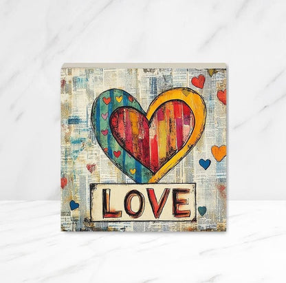 Love Art, Heart with Love Print on Wood Panel, Wooden Canvas with Whimsical Heart design, Wood Heart Print, Love, Choice of size