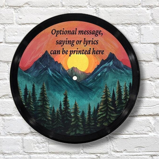 Mountains at Sunset Vinyl Record Art, 12" Real Vinyl Record Printed with Mountain Design and optional custom message, upcycled record art