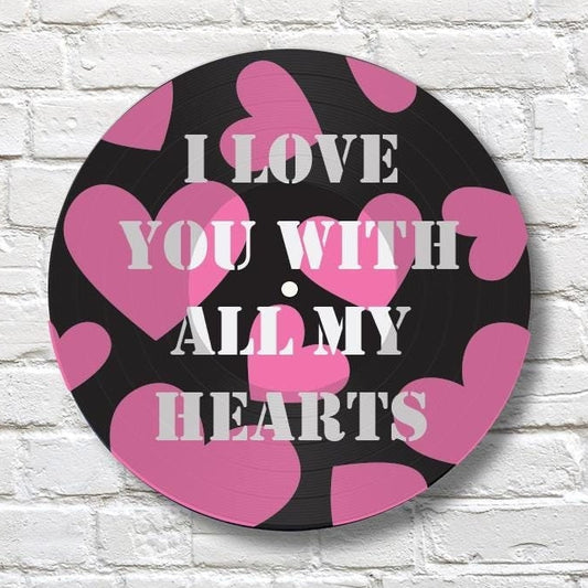 Pink Hearts - Vinyl Record Art, 12" Real Vinyl Record Printed with Pink Heart Design and your optional custom wording, upcycled record art