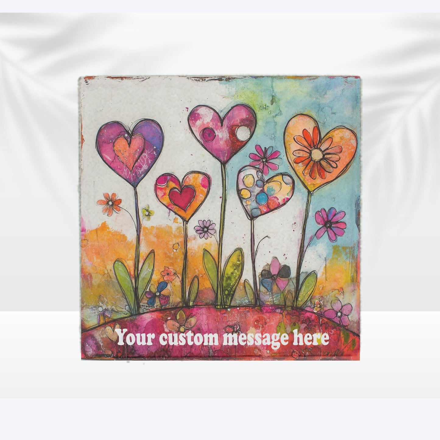 Custom Garden Stone with Personalized Message and heart flowers, 12x12 Steppingstone, House Gift, Garden Decoration, Whimsical Heart Flowers