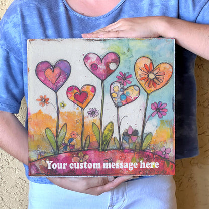 Custom Garden Stone with Personalized Message and heart flowers, 12x12 Steppingstone, House Gift, Garden Decoration, Whimsical Heart Flowers
