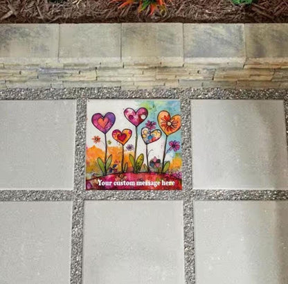 Custom Garden Stone with Personalized Message and heart flowers, 12x12 Steppingstone, House Gift, Garden Decoration, Whimsical Heart Flowers