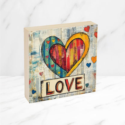 Love Art, Heart with Love Print on Wood Panel, Wooden Canvas with Whimsical Heart design, Wood Heart Print, Love, Choice of size