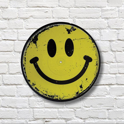 Smiley Face Vinyl Record Art, 12" Vinyl Record Printed with Rustic Vintage Yellow Smile Face, wall art, upcycled vinyl record art