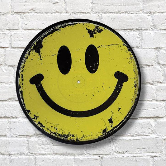 Smiley Face Vinyl Record Art, 12" Vinyl Record Printed with Rustic Vintage Yellow Smile Face, wall art, upcycled vinyl record art