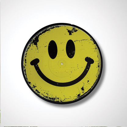 Smiley Face Vinyl Record Art, 12" Vinyl Record Printed with Rustic Vintage Yellow Smile Face, wall art, upcycled vinyl record art