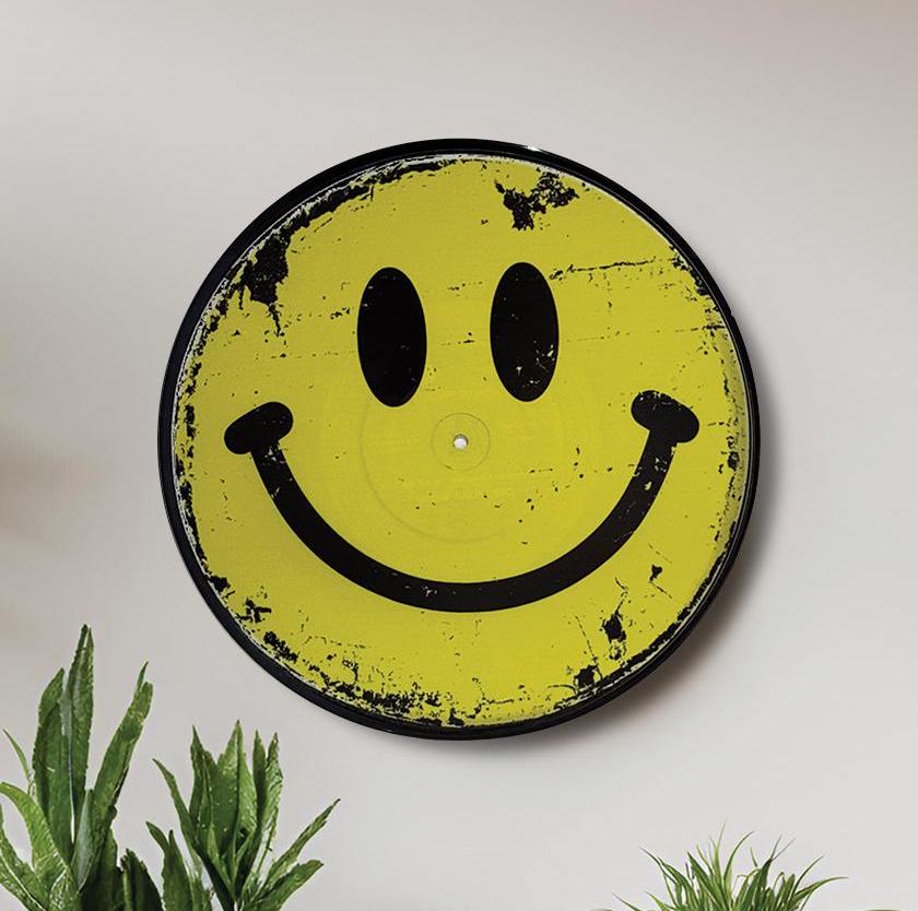 Smiley Face Vinyl Record Art, 12" Vinyl Record Printed with Rustic Vintage Yellow Smile Face, wall art, upcycled vinyl record art
