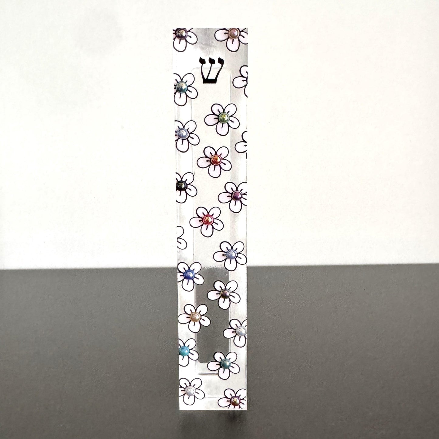 Mezuzah - Flower Mezuzah - Embellished Acrylic Mezuzah with light pink flower and colored pearls - Floral Judaica Gift - New Baby Gift