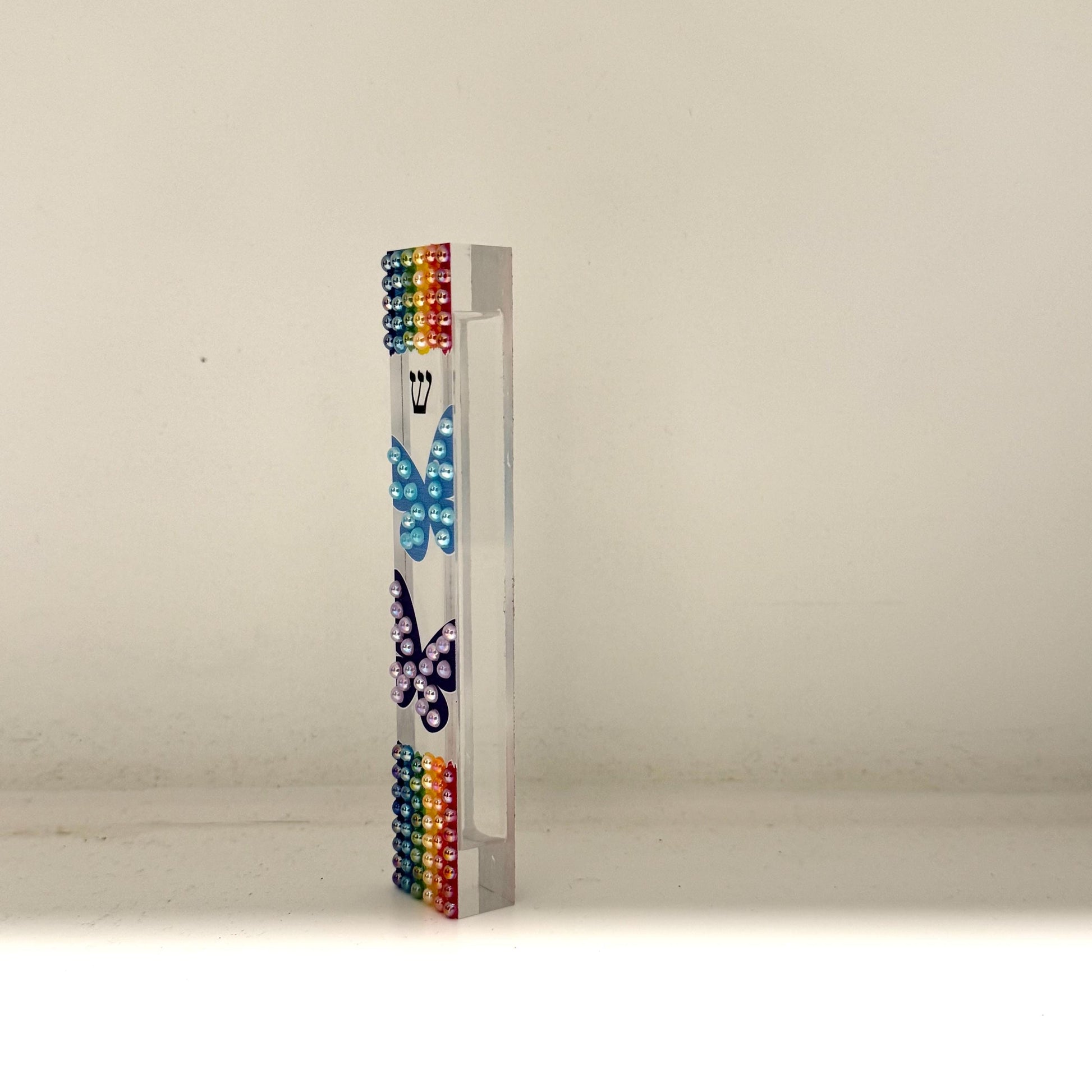 Mezuzah - Rainbow and Butterfly Mezuzah - Embellished Acrylic Mezuzah with colored pearls - Judaica Gift - Beaded Mezuzah