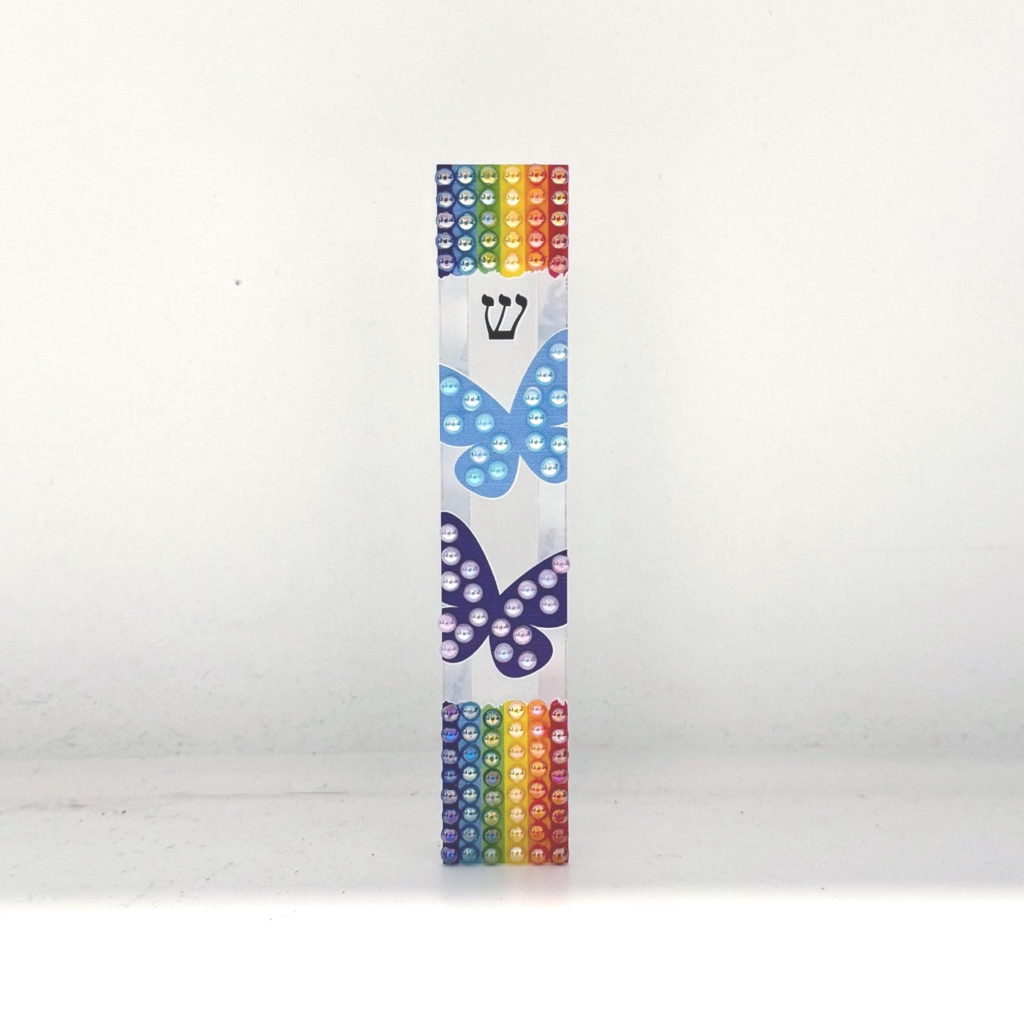 Mezuzah - Rainbow and Butterfly Mezuzah - Embellished Acrylic Mezuzah with colored pearls - Judaica Gift - Beaded Mezuzah