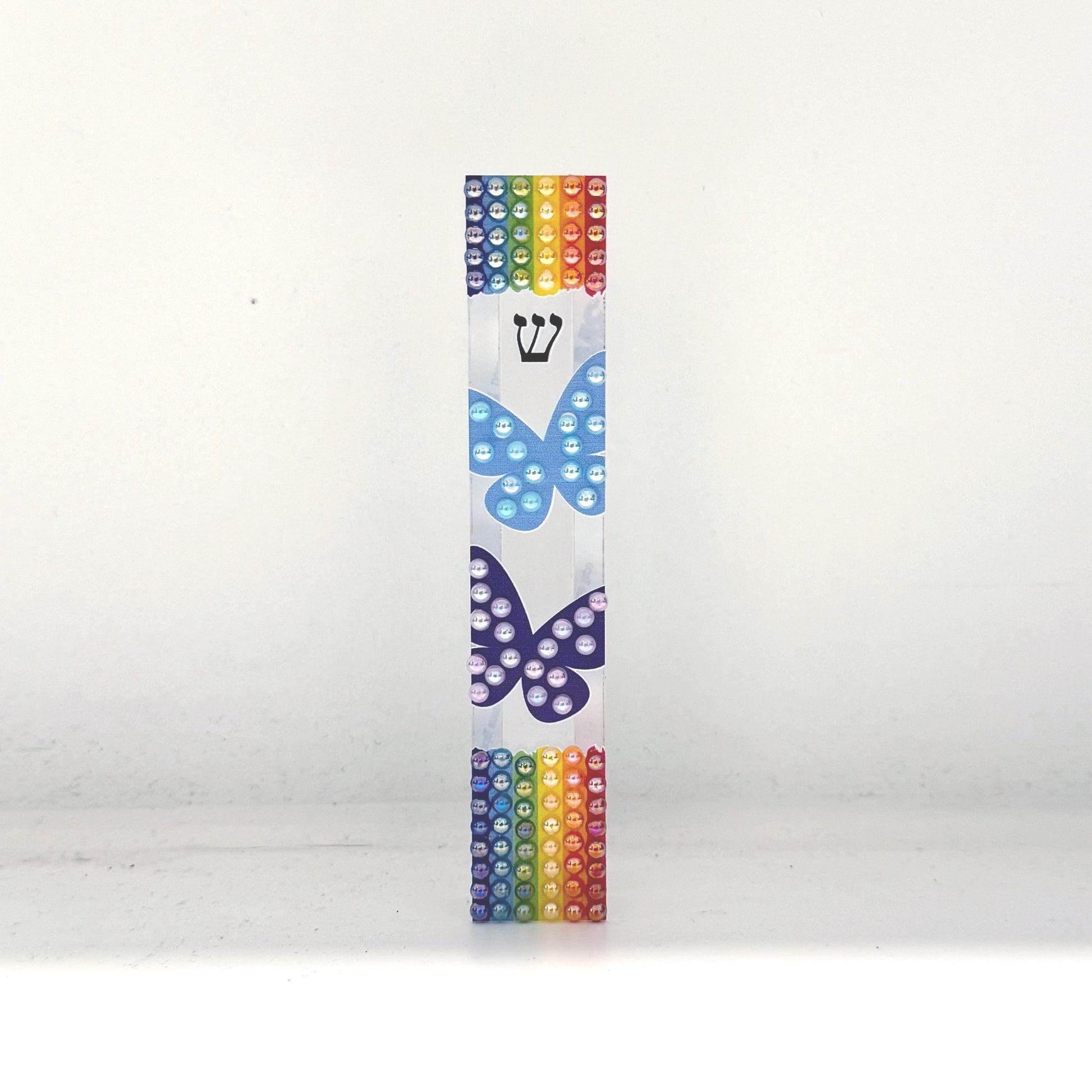 Mezuzah - Rainbow and Butterfly Mezuzah - Embellished Acrylic Mezuzah with colored pearls - Judaica Gift - Beaded Mezuzah