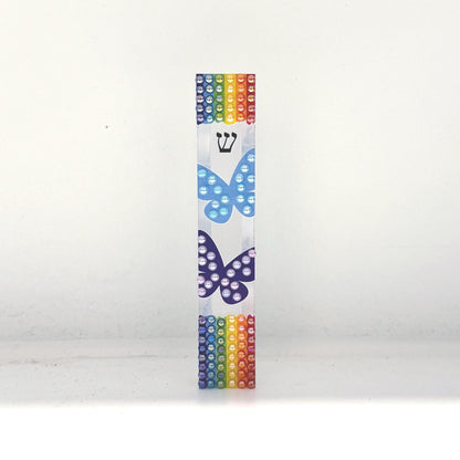 Mezuzah - Rainbow and Butterfly Mezuzah - Embellished Acrylic Mezuzah with colored pearls - Judaica Gift - Beaded Mezuzah