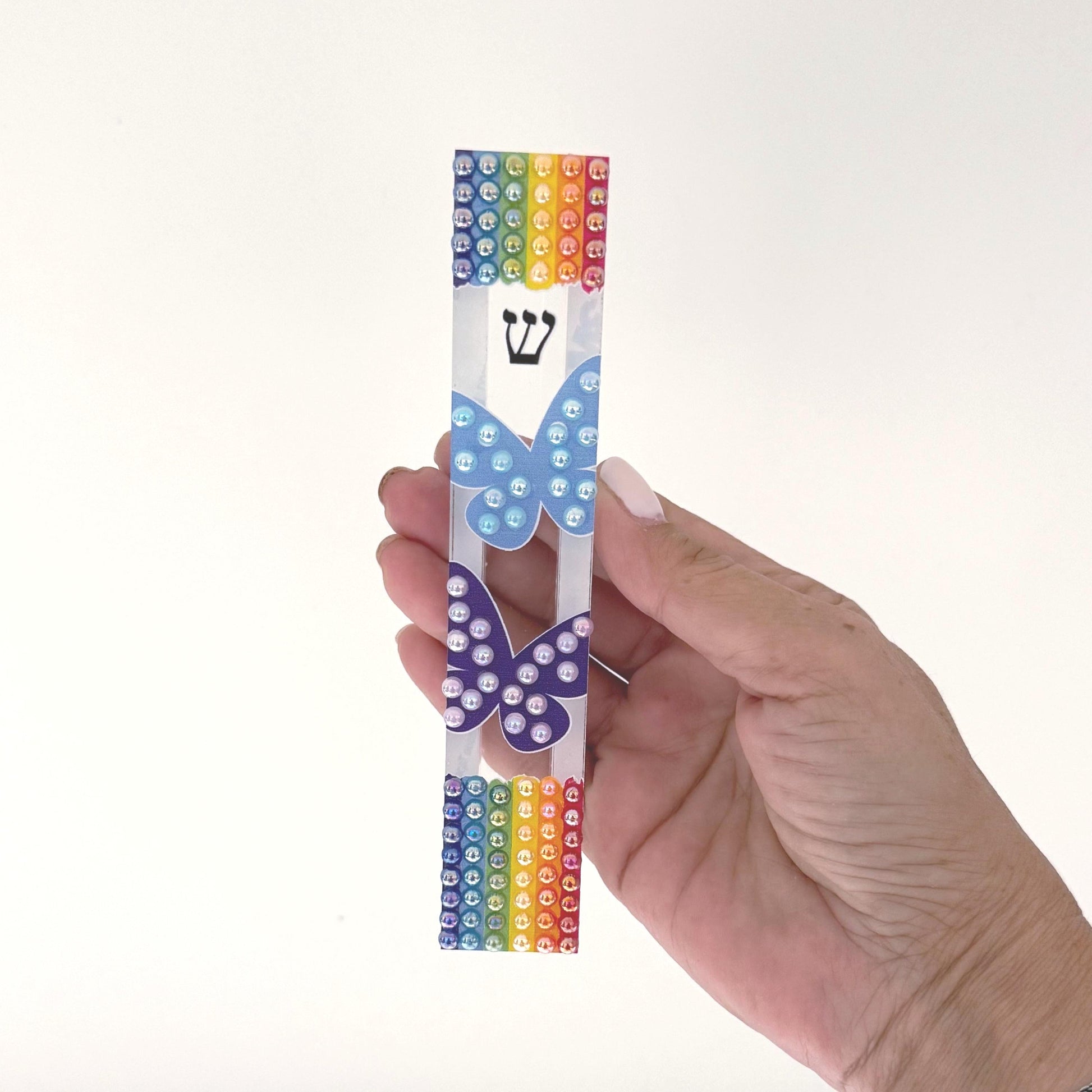 Mezuzah - Rainbow and Butterfly Mezuzah - Embellished Acrylic Mezuzah with colored pearls - Judaica Gift - Beaded Mezuzah