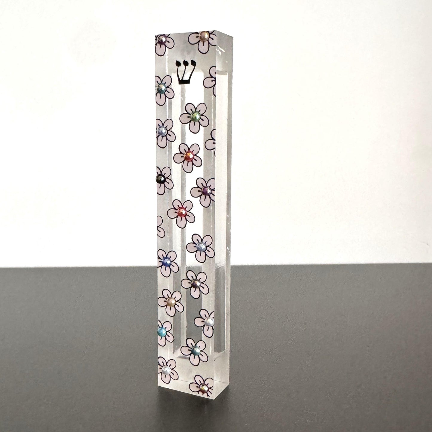 Mezuzah - Flower Mezuzah - Embellished Acrylic Mezuzah with light pink flower and colored pearls - Floral Judaica Gift - New Baby Gift