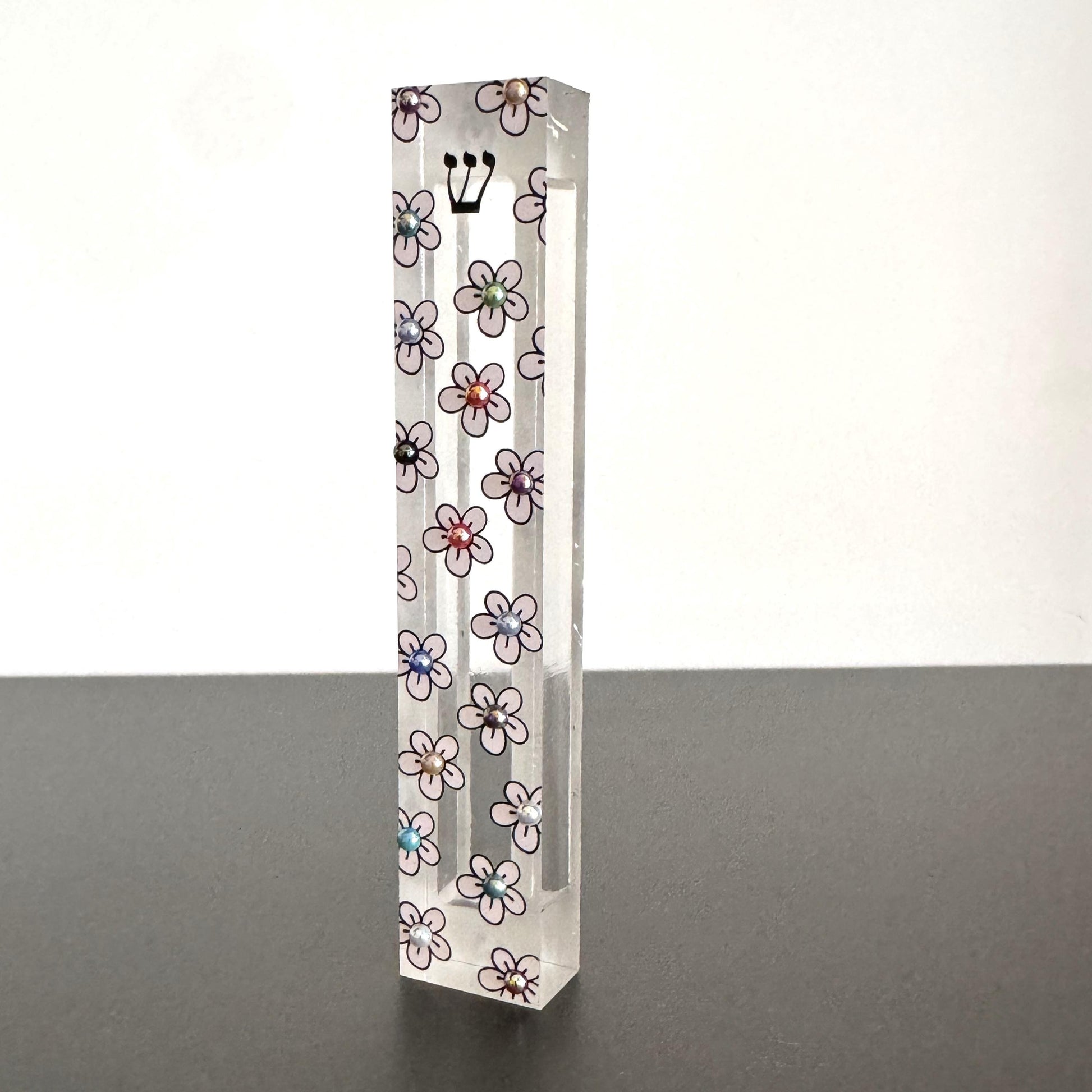 Mezuzah - Flower Mezuzah - Embellished Acrylic Mezuzah with light pink flower and colored pearls - Floral Judaica Gift - New Baby Gift