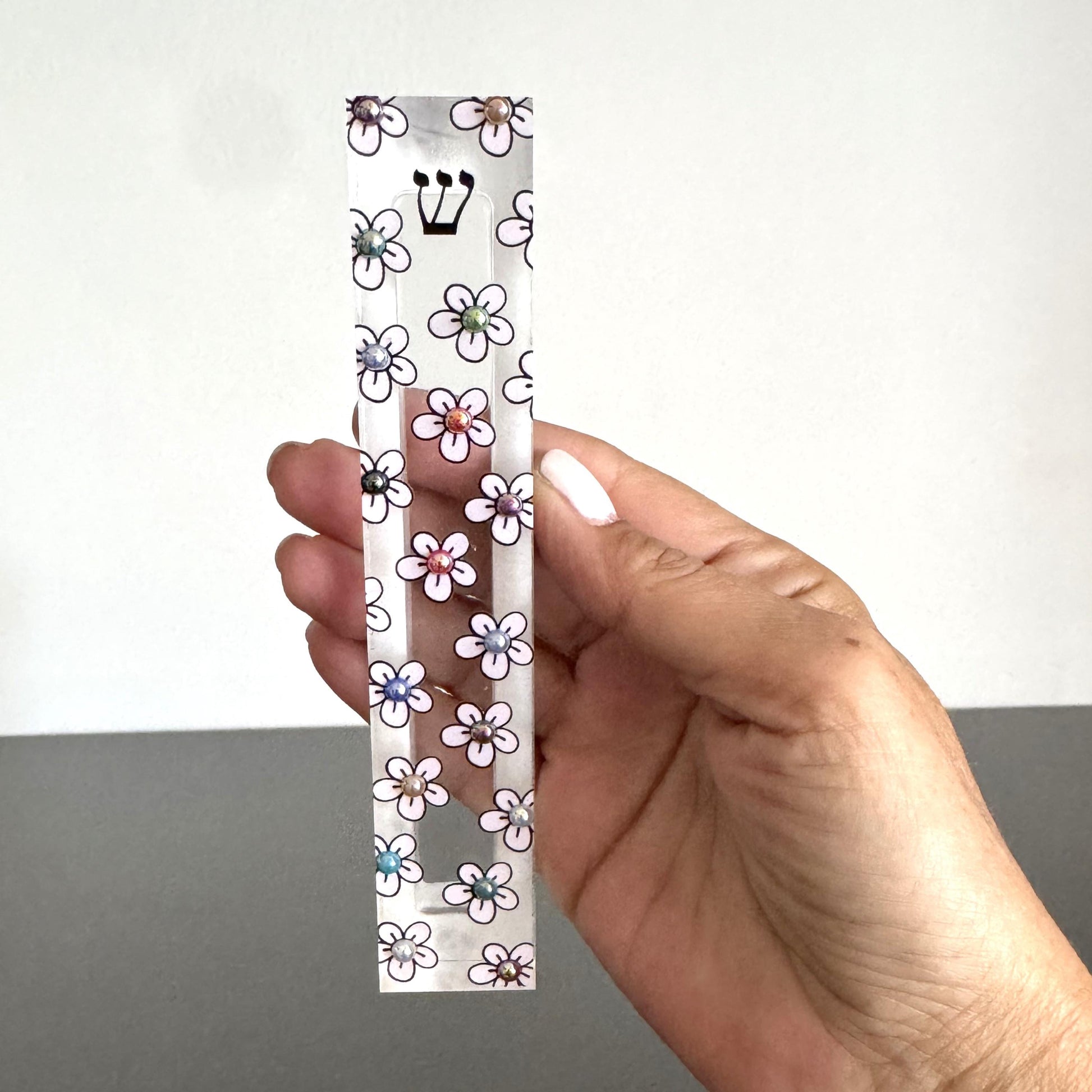 Mezuzah - Flower Mezuzah - Embellished Acrylic Mezuzah with light pink flower and colored pearls - Floral Judaica Gift - New Baby Gift