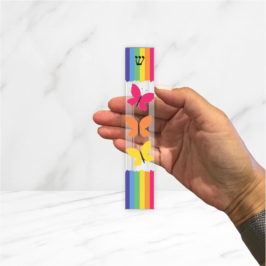 Butterfly Mezuzah with Rainbow - Acrylic Mezuzah - Modern Mezuzah - Personalized Judaica Gift - New Baby Gift - New Home Gift - Butterflies