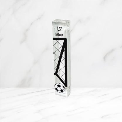Personalized Soccer Mezuzah - Boys Room - Acrylic Mezuzah - Modern Mezuzah - Teen Mezuzah - Soccer Player Mezuzah