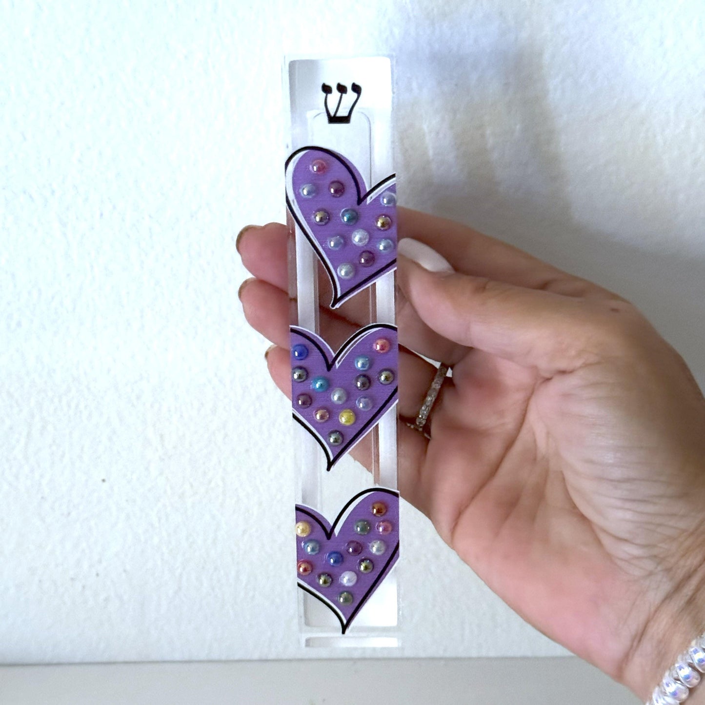 Mezuzah - Purple Hearts Mezuzah - Embellished Acrylic Mezuzah with colored pearls - Judaica Gift - Beaded Mezuzah - Girl Room Mezuzah
