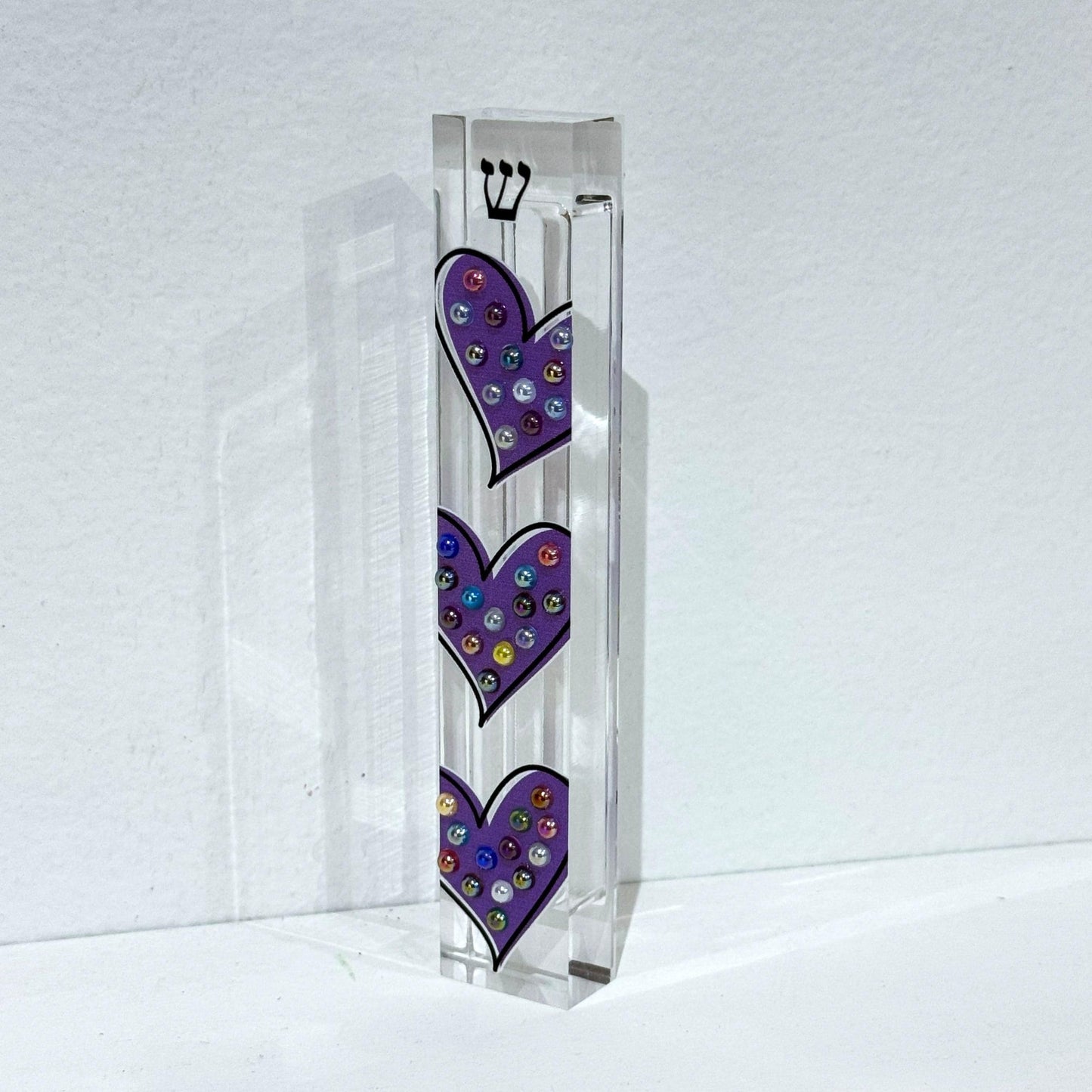 Mezuzah - Purple Hearts Mezuzah - Embellished Acrylic Mezuzah with colored pearls - Judaica Gift - Beaded Mezuzah - Girl Room Mezuzah