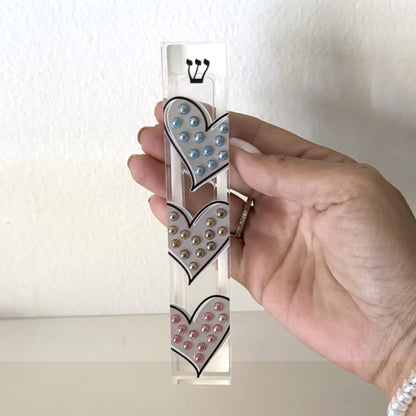 Mezuzah - Hearts Mezuzah - Embellished Acrylic Mezuzah with colored pearls - Judaica Gift - Beaded Mezuzah - Girl Room Mezuzah