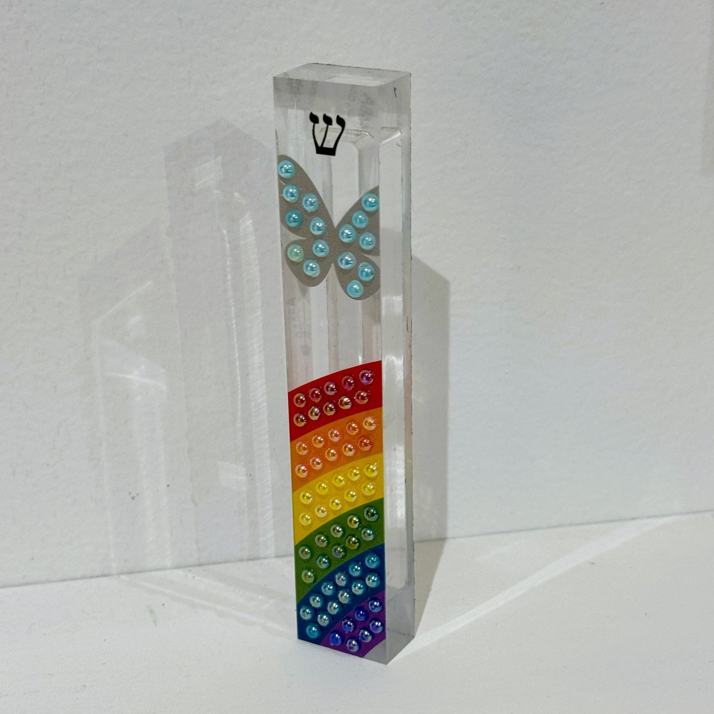 Mezuzah - Rainbow and Butterfly Mezuzah - Embellished Acrylic Mezuzah with colored pearls - Judaica Gift - Beaded Mezuzah