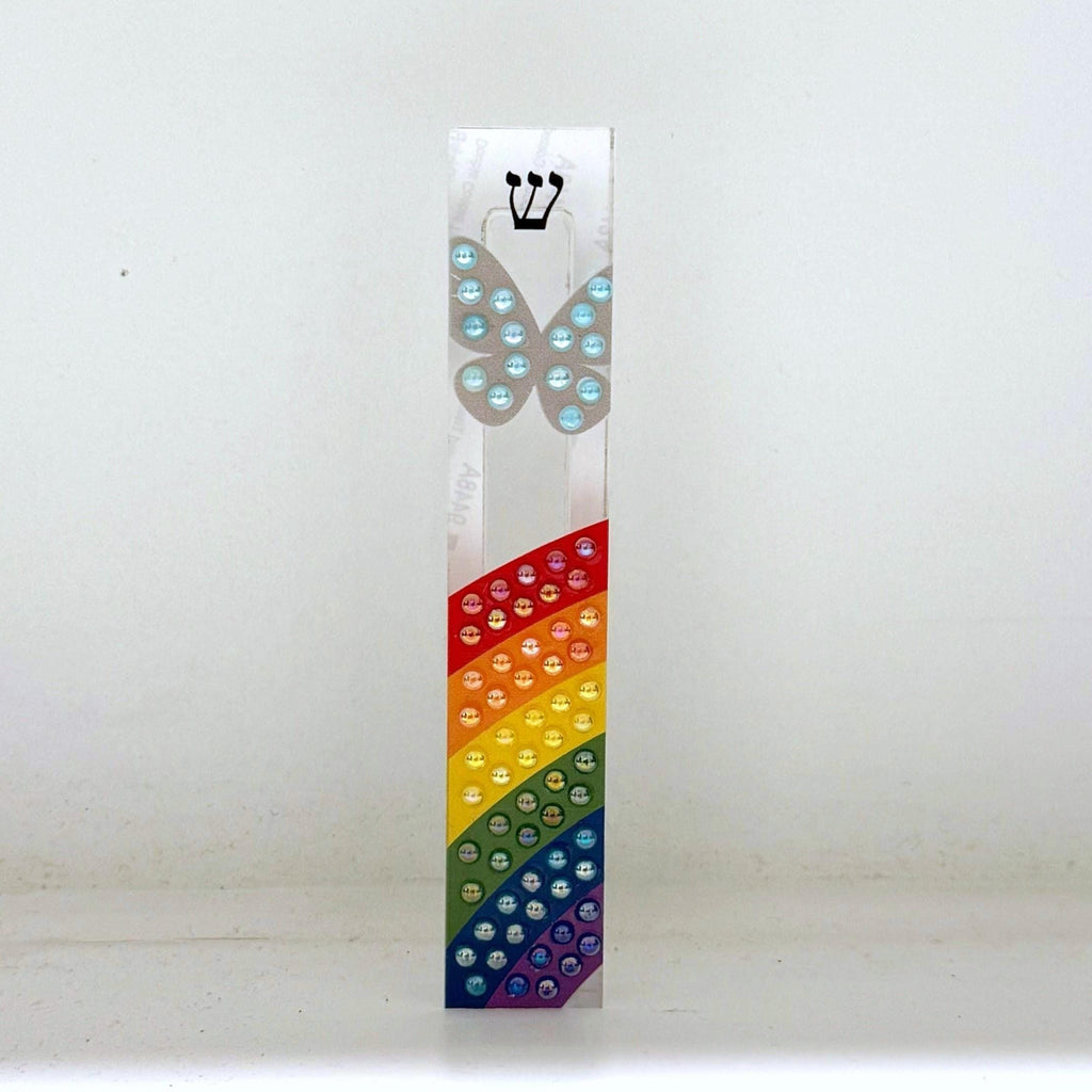 Mezuzah - Rainbow and Butterfly Mezuzah - Embellished Acrylic Mezuzah with colored pearls - Judaica Gift - Beaded Mezuzah