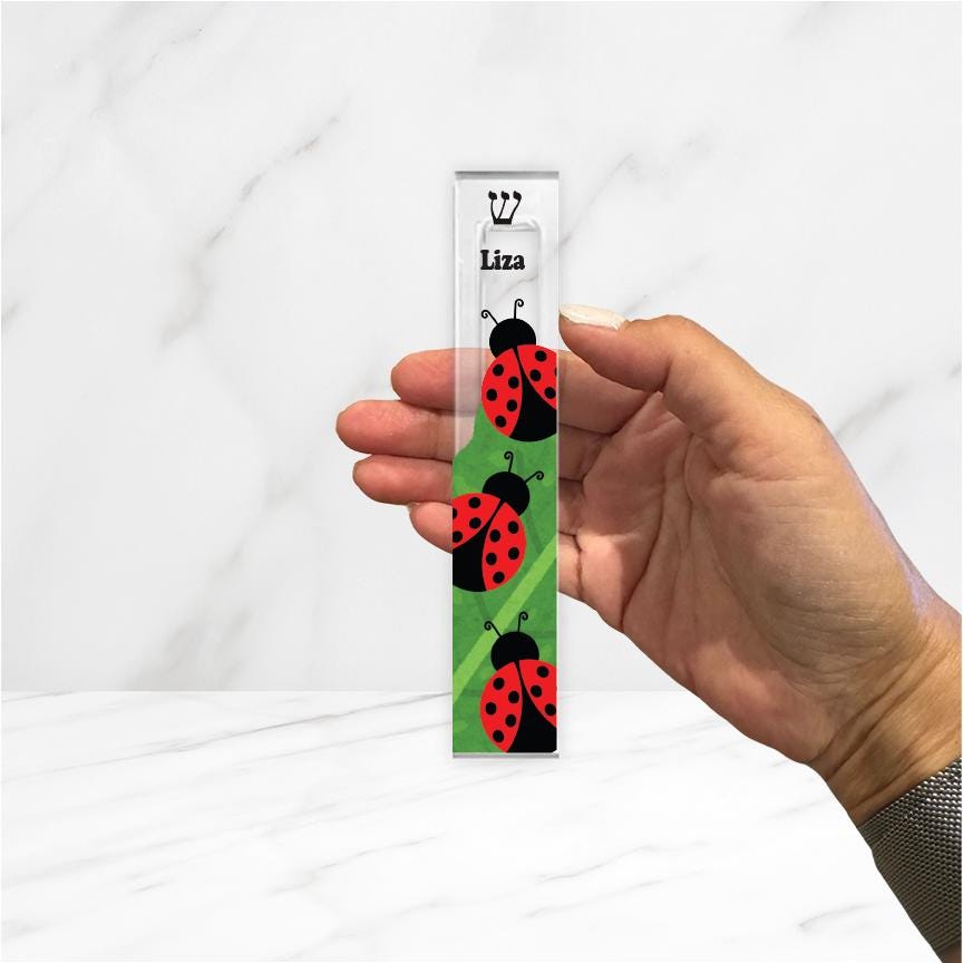 Ladybug Mezuzah - Acrylic Mezuzah - Modern Mezuzah - Personalized Judaica Gift - New Baby Gift - New Home Gift - Ladybugs on leaf