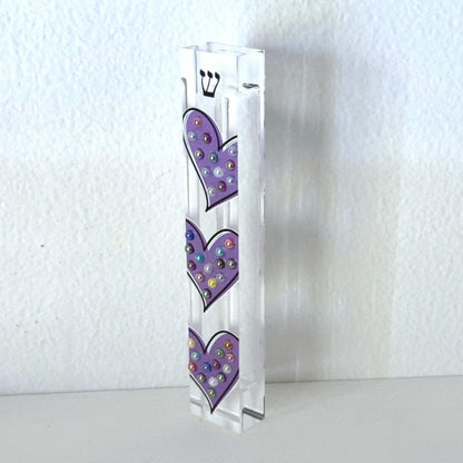 Mezuzah - Purple Hearts Mezuzah - Embellished Acrylic Mezuzah with colored pearls - Judaica Gift - Beaded Mezuzah - Girl Room Mezuzah