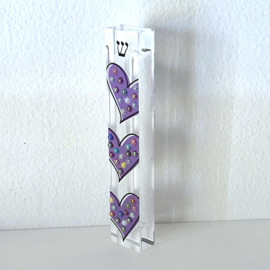 Mezuzah - Purple Hearts Mezuzah - Embellished Acrylic Mezuzah with colored pearls - Judaica Gift - Beaded Mezuzah - Girl Room Mezuzah