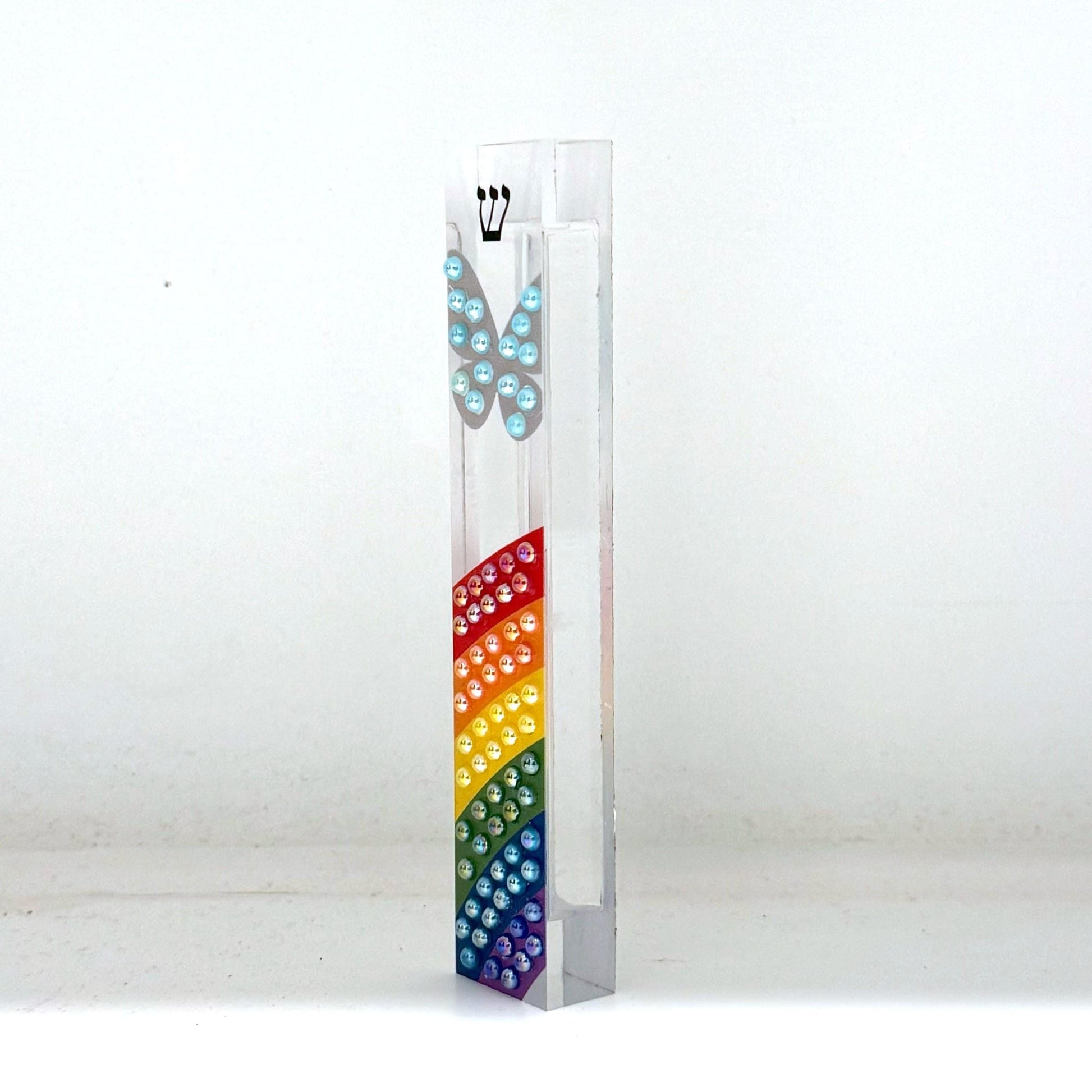 Mezuzah - Rainbow and Butterfly Mezuzah - Embellished Acrylic Mezuzah with colored pearls - Judaica Gift - Beaded Mezuzah